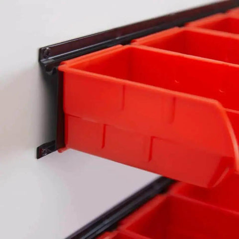 Close-up view of Wall Mounted Storage Bins Set With 12 Plastic Bins And 3 Rails For Garage Tools Hanging Organizer in use.