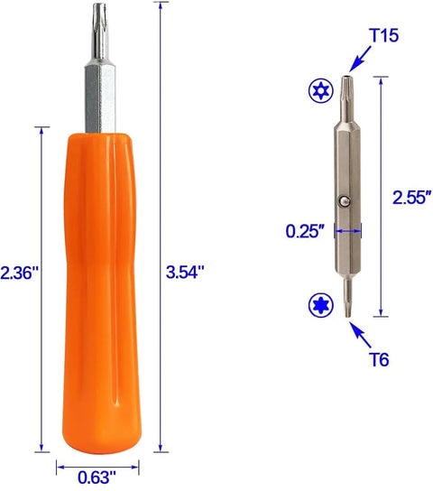 Doorbell Screwdriver Kit With Double Ended T6 T15 Driver And 2x5 Screw Set shown with orange handle and size specifications