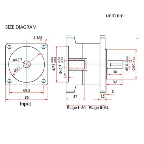 Technical size diagram of 3 To 1 Planetary Gearbox For Nema 34 Stepper Motors, One Half Inch Input Shaft, Sixteen Millimeter Output Shaft, Eighty Six Millimeter Flange Mount, Low Backlash High Torque Speed Reducer, Ideal For Eighty Six Millimeter Flange Stepper Motors, Rated 300