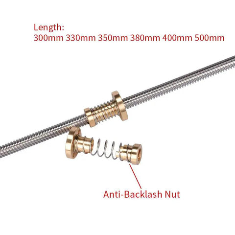 Anti Backlash Nut For 8mm Acme Lead Screws 2mm Pitch T8 Style with brass component and spring, shown with length variations