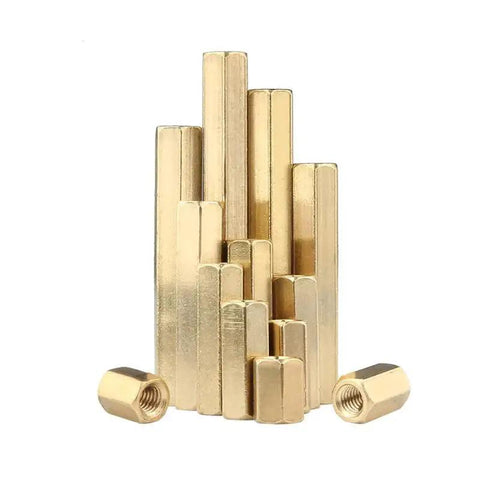 Brass Double Through Female Threaded Hex Standoffs M6x20mm PCB Spacer Set of 5 in various sizes against white background