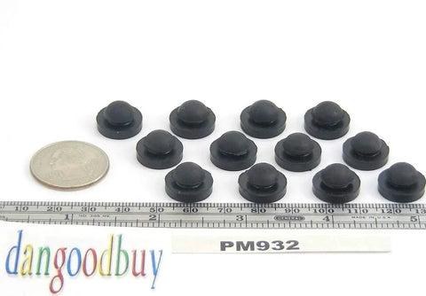 Push In Ridged SBR Rubber Bumper Foot Black, 9/16 Inch Diameter, 1/8 Inch Height shown with coin and ruler for scale