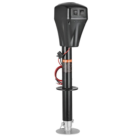 Front view of Electric Tongue Jack 5000 Lbs Heavy Duty RV Trailer 2 Way Connector, black, steel construction, control switches visible