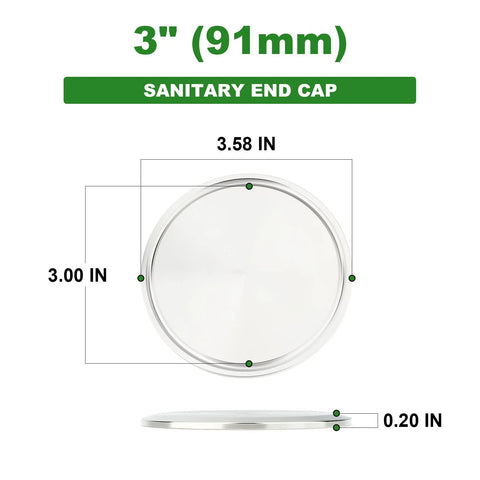 Sanitary end cap for 3-inch stainless steel tube with tri-clamp ferrule (91 mm)