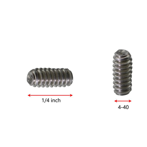 Stainless Steel Allen Head Hex Socket Set Screws 25 Pack Cup Point Grub Screws Four Forty Thread One Quarter Inch Length with hex key, 1/4 inch and 4-40 dimensions shown.