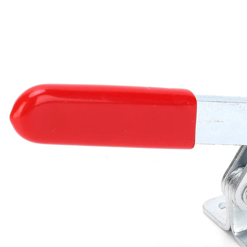 Close-up of Beefy 182kg Toggle Clamps Two Pack Anti Rust Alloy Steel Horizontal Hold Downs With Quick Release, red handle visible.