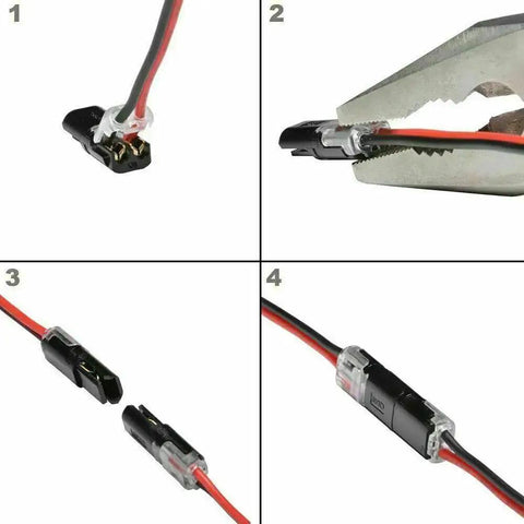 Step-by-step assembly of 20Pcs 2 Pin Spring Wire Connectors No Soldering Required Screwless Quick Connectors for LED strip lights.