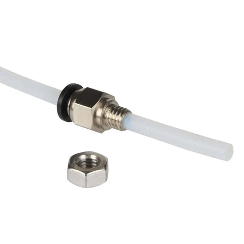 Filament Dryer Box Tubing Set for 3D Printers With Secure Quick Connects And Sealing Caps, shown with quick-connect and nut.