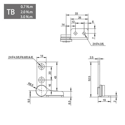 Flozari 304 stainless steel rotary shaft torque hinge with damping; TA-Right, 3.0 N.m (technical drawing)