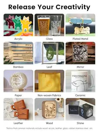 Portable 10W Laser Engraver For Wood Metal Glass With 3.5 Inch Touchscreen And AlgoOS No PC Needed Draw Direct Or Upload Designs Wirelessly Offline Engraving And Cutting By AlgoLaser showcasing diverse engraving materials like acrylic, glass, metal, bamboo, mirror, leather, wood, and stone.