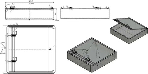 Technical drawing of Stainless Steel Mesh Parts Washing Basket With Double Locking Lid For Secure Storage And Parts Cleaning, Rust Resistant Heavy Duty Organizer Tray, 11 By 11 By 3 Inches.