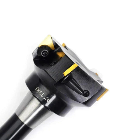 Close-up of Indexable End Mill With R8 Shank 3 Inch Cutting Diameter 6 Inch Overall Length 90 Degree Positive Rake Right Hand Cut