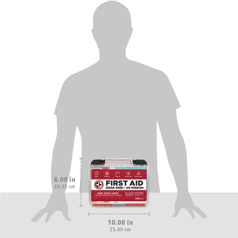 OSHA And ANSI Compliant First Aid Kit For 50 People, 250 Pieces displayed with human silhouette for size reference