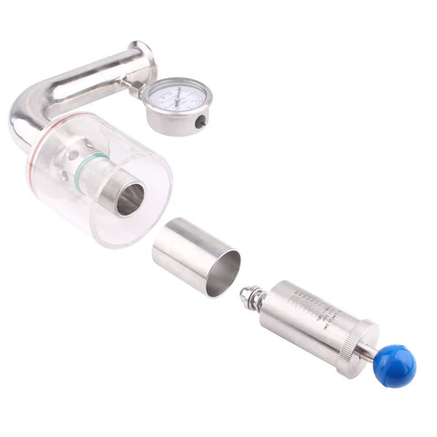 Sanitary 1.5-inch tri-clamp pressure relief valve with gauge, SS304 stainless steel, exploded view