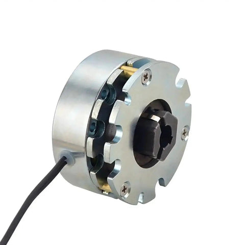 DC electromagnetic brake, 24V, 4.0 Nm, round silver housing with black shaft and mounting screws, wired