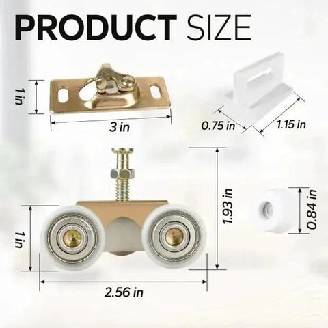 Pocket Door Roller Replacement Kit With Nylon Encapsulated Ball Bearing Wheels For 1125 And Upgrades 1500 Hardware Kit Three Wheel Pulley System Top Mounted Hangers Quiet Smooth Sliding 1 Inch Wheels 220 Pound Capacity product size diagram with dimensions in inches.