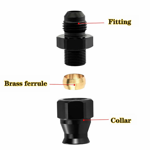 FortiyParts 2pc 6AN to 3/8 adapter, ORB male to 3/8 in compression tube, black aluminum with brass ferrule and collar