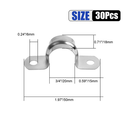Stainless steel conduit clamp U-bracket, 3/4 in, 2-hole strap for pipe fixing on various surfaces, 30-pack