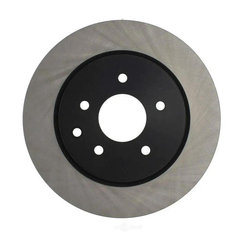 Centric Premium rear brake rotor with black hub and five lug holes, silver disc, front view