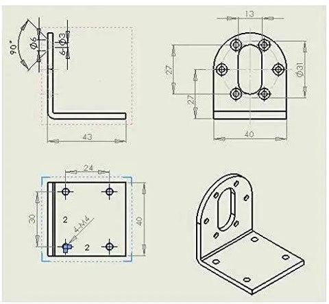Technical drawing of Sturdy Black 37mm DC Gear Motor Mounting Bracket Iron Anti Rust L Shape Fixed Seat with dimensions.