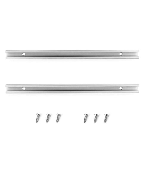 12 Inch Aluminum T Track Two Pack With Predrilled Holes And Screws For DIY Woodworking, Universal Double Cut Profile, Fits Five Sixteenths And One Quarter Inch T Bolts, Great For Drill Press Tables And Router Tables, showing two aluminum tracks with screws