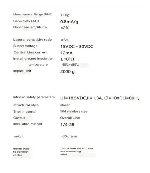 Specifications of Compact Piezoelectric Intrinsically Safe Vibration Acceleration Sensor GBY10 TGPKPGTCTA