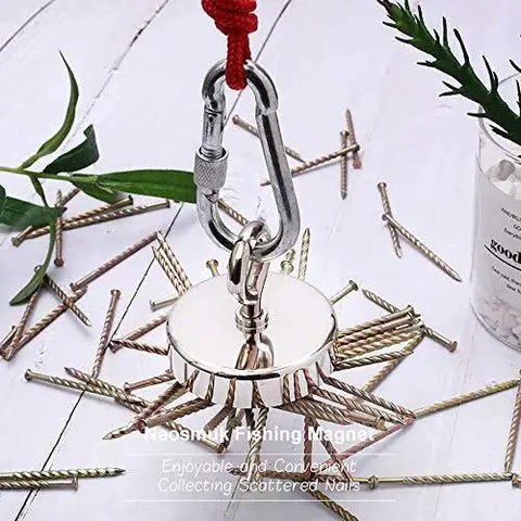 550Lb Heavy Duty Magnetic Fishing Kit With Rope For Salvage And Treasure Hunting displaying neodymium magnet attracting nails