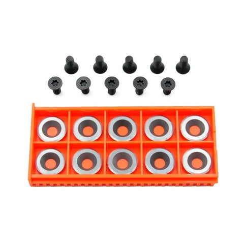 Negative Rake Round Carbide Cutter Inserts Five Eighths Inch 16mm For Full And PRO Wood Turning Lathe Tools Ci0 NR 10 Pc Pack Catch Free Hollowing Resin And Acrylic Friendly displayed in an orange box with black screws