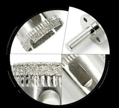 Close-up view of One Quarter Inch Diamond Hole Saw Set Eleven Piece For Glass Tile Ceramic Marble Bottles Pots With Diamond Coated Edges And Hardened Steel Construction For Long Lasting Cutting Performance showing diamond-coated cutting edge and metal construction.