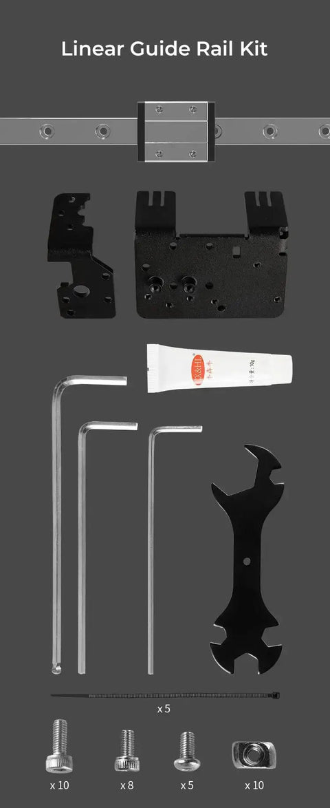 Upgraded Ender-3 Linear Rail Guide Kit MGN12 320mm with screws, wrenches, lubricant, and mounting components