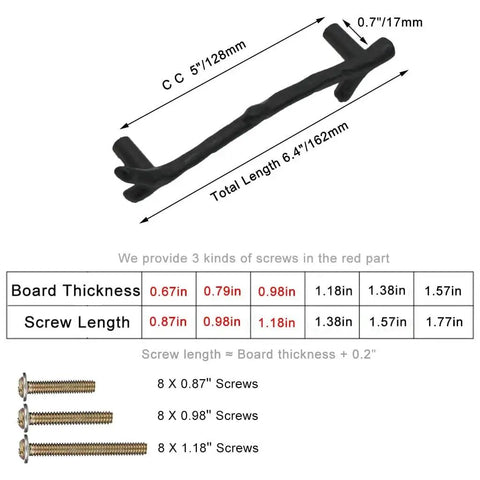 Diagram of large vintage tree twig branch cabinet knob, showing 5 inch hole distance, black zinc alloy with screw sizes and dimensions.