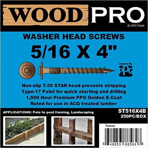 Heavy Duty Exterior Wood Screws With Washer Head 5/16-Inch By 4-Inch Torx Star Drive ASTER Thread Type 17 Point Golden E Coat 250 Pack