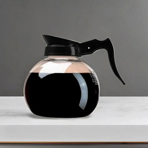 Commercial Coffee Decanter, 64 Ounce Capacity, Impact-Resistant Glass With Black Handle And White Imprint Logo