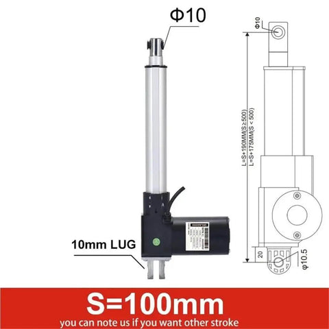 Diagram of Beefy 100Mm Stroke Electric Linear Actuator with Position Feedback, showing dimensions and end mount design.