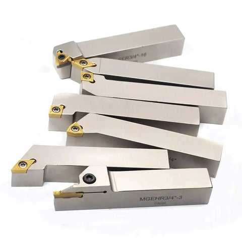 Seven Piece Three Quarter Inch Nickel Plated Indexable Lathe Tool Holder Set For Turning Grooving Threading And Cut Off Heavy Duty CNC Metal Lathe Tools With Tin Coated Carbide Inserts Includes SCLCR SCLCL SDJCR SDNCN SWGCR MGEHR SER Holders OSCARBIDE on display