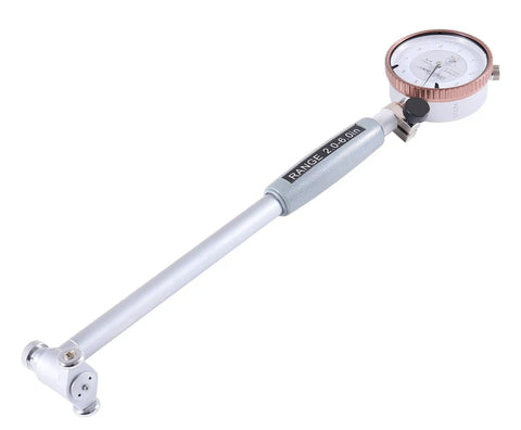 Dial Bore Gauge Set With 2 To 6 Inch Range And 6 Inch Stem 0.0001 Inch Graduation Accurate To Plus Or Minus 0.0004 Inch Includes Extension Holder And Case Chrome Plated Handle Insulated Self Centering, shown from the side.