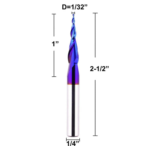 Pro Grade Ball Nose CNC Router Bit For Wood Carving And Engraving, 1/4 Inch Shank, 1/32 Inch Tip Diameter, side view