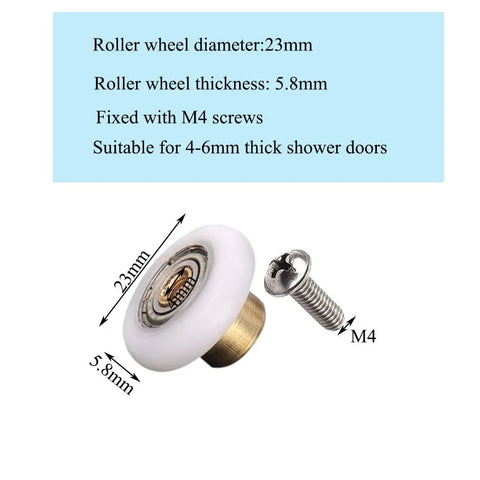 Close-up of shower door roller with copper core, POM wheel, and stainless steel screw, Six Pcs Shower Door Rollers With Copper Core And POM Wheels, Stainless Steel Screws, Replacement Part For Glass Shower Doors, Sliding Door Wheel Bearings For 23mm Tracks, Corrosion Resistant, Low Friction, Stable, Quiet Operation.