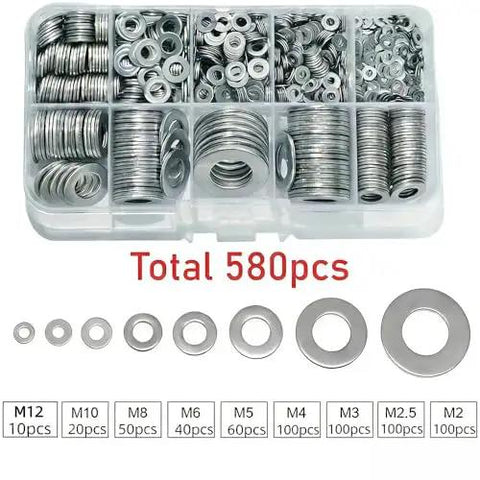 580 Pcs Stainless Steel Washer Set Flat And Spring Lock Washers 9 Sizes M2 To M10 304 Stainless Steel Corrosion Resistant