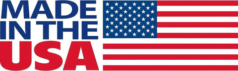 "Made in the USA" text with an American flag design next to it.