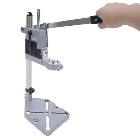 Side view of Beefy Sturdy Drill Press Adapter Stand For Floor Or Table Use Universal Bench Clamp For Drill Workbench And Repairs Aluminum Base Stable Mount With Large Footprint Collet Compatible Drill Press Table.