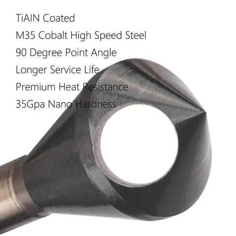 Close-up of Heavy Duty Cobalt Countersink Drill Bits Set TiAlN Coated 90 Degree Single End Chamfer Tool for metal and wood.