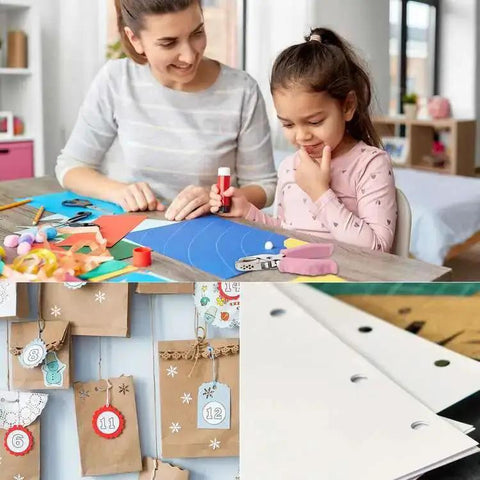 Mother and child crafting with Blue Metal Hole Punch With Soft Grip Handle For DIY Crafts And Scrapbooking, ideal for paper projects.