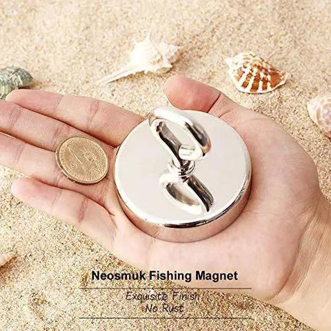 550Lb Heavy Duty Magnetic Fishing Kit With Rope For Salvage And Treasure Hunting, chrome magnet in hand on sand
