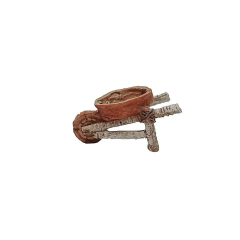 Totally Cute Mini Walnut Birch Tree Wheelbarrow For Fairy Garden And Outdoor Dollhouse Decor Resin Yard Accessory Tiny Whimsical Garden Charm That Sparks Playful Imagination in side view.