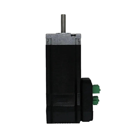 Side view of NEMA23 integrated stepper servo motor; black housing, top metal shaft, 57x76mm, green terminal blocks.