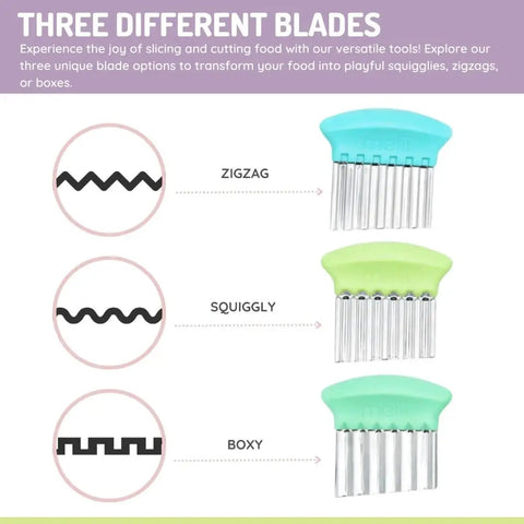 Stainless Steel Crinkle Cutters Three Blade Set With Wavy Zigzag And Boxy Blades For Cutting Vegetables Fries Fruits And Baby Led Weaning Blue Mint Lime 3 Pack showing zigzag, squiggly, and boxy blade shapes