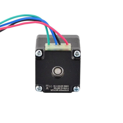 Mini NEMA 11 stepper motor, bipolar 0.67A, 8.5 oz-in, multicolor wires and connector, front view, no keyed shaft