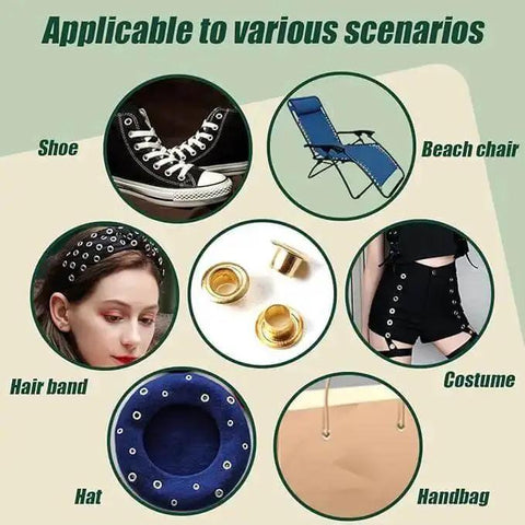 Various uses of 4Mm Round Eyelet Grommet Kit With Single Hole Punch, heavy duty metal set for shoe, beach chair, costume, and more