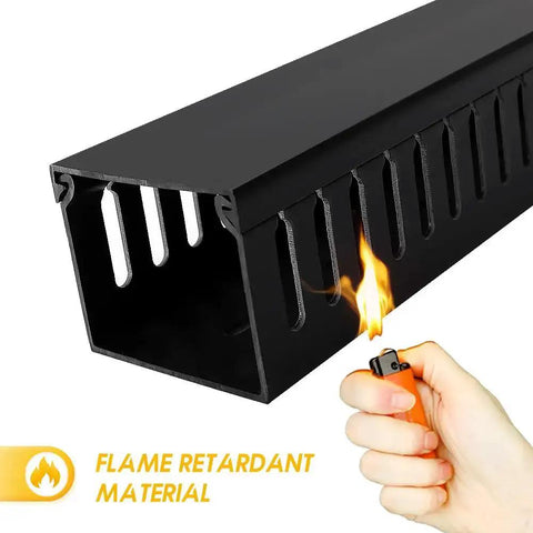 Open Slot Cable Management Kit with flame-retardant material shown with lighter flame highlighting safety features